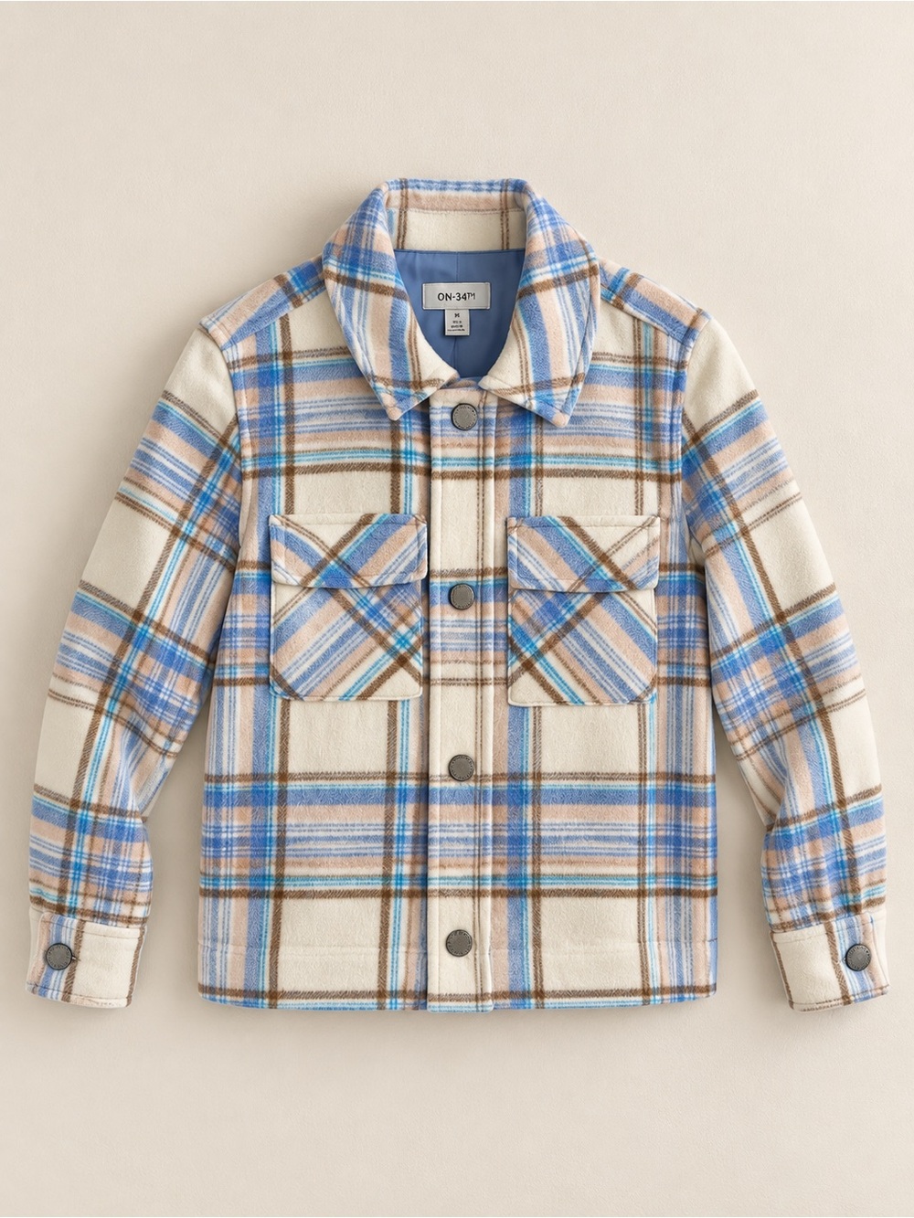 On 34th Plaid Wool Blend Short Shacket Jacket XS Cream Blue Tan